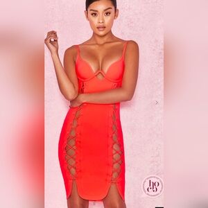 House of CB Ila Bright Coral Lace Front Dress Size Large